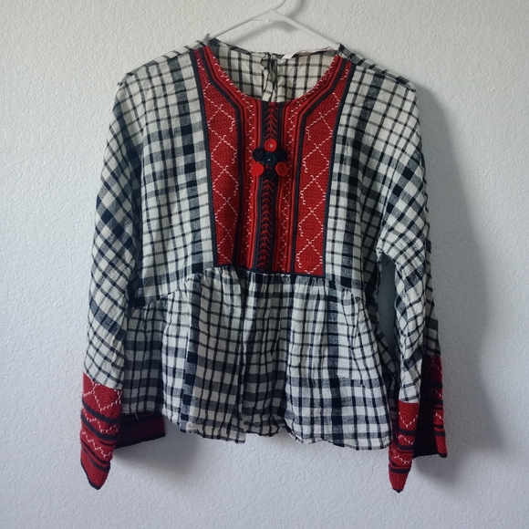 Zara Women's Embroidery Top Blouse Black and White Plaid size Medium - Picture 4 of 11